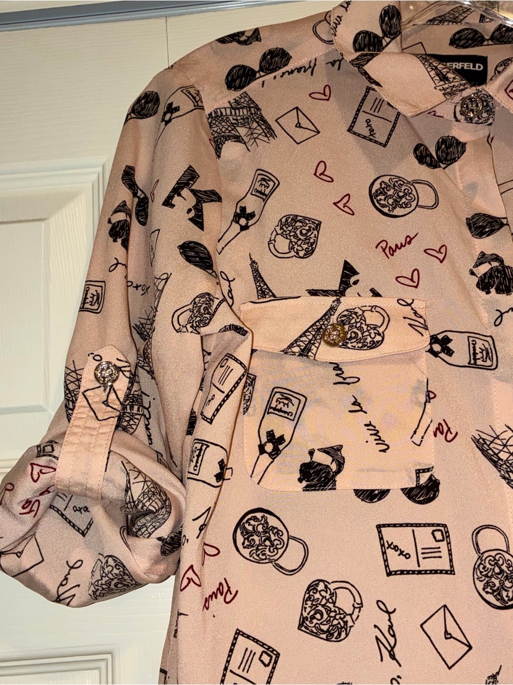 Karl Lagerfeld Pink Paris Theme Print Button-Up Shirt - Picture 5 of 11